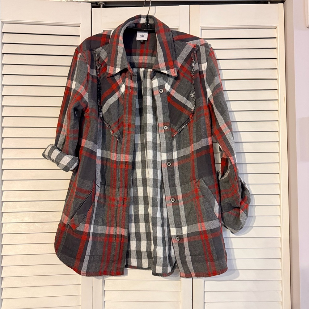 CAbi Gray and Red Plaid Utility Jacket
